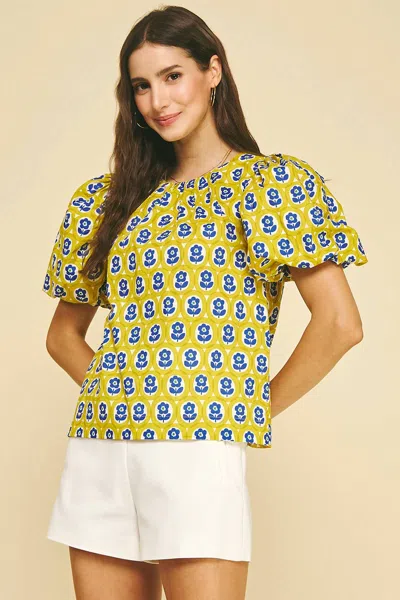 Pinch Short Sleeve Flower Print Detail Blouse In Yellow In Multi
