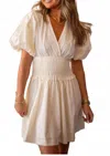 Pinch Smocked Waist Mini Dress In Ivory Poplin In Multi