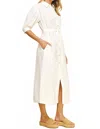 Pinch Tucked Sleeve Button Down Midi Dress In White In White