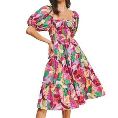 Pinch Square Neck Midi Dress In Pink Multi In Gold
