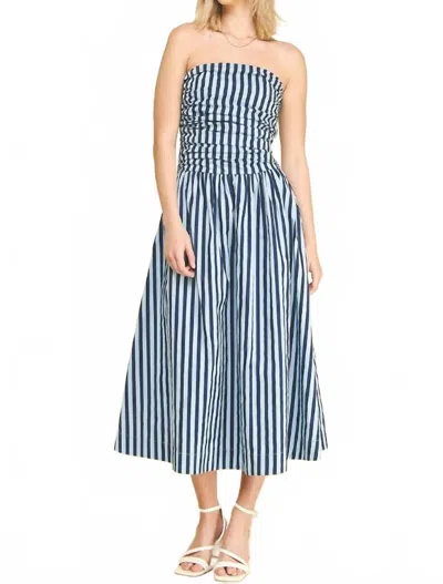 Pinch Stripe Strapless Midi Dress In Navy/blue