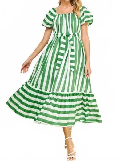 Pinch Striped Midi Puff Sleeve Dress In Green