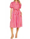 Pinch Striped Balloon Sleeve Midi Dress In Strawberry Sangria In Pink