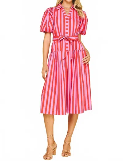 PINCH SWEET LOVE STRIPED BALLOON SLEEVE MIDI DRESS IN PINK & RED