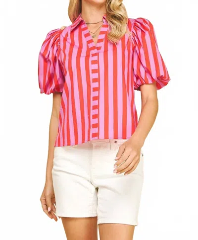 Pinch Sweet Love Striped Balloon Sleeve Top In Pink & Red