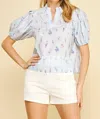 Pinch Tally Puff Sleeve Top In Powder Blue Floral In Blue