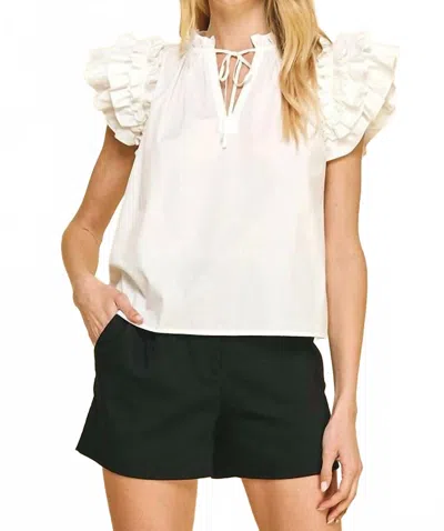 Pinch Tatum Ruffle Shoulder Tie Top In White