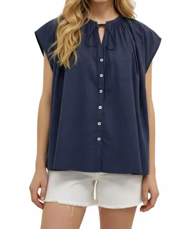 Pinch Tie Neck Blouse In Navy In Blue