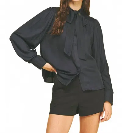 Pinch Tie Neck Long Sleeve Top In Black