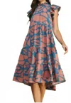 Pinch Tiered Midi Dress With Back Button Closure In Teal Brown In Multi