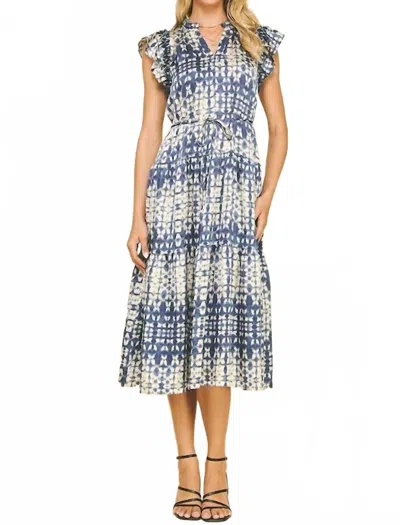Pinch Tiered Print Midi Dress In Dusty Navy In Blue