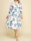 Pinch Everly Toile Print Midi Dress In Ivory Blue In White