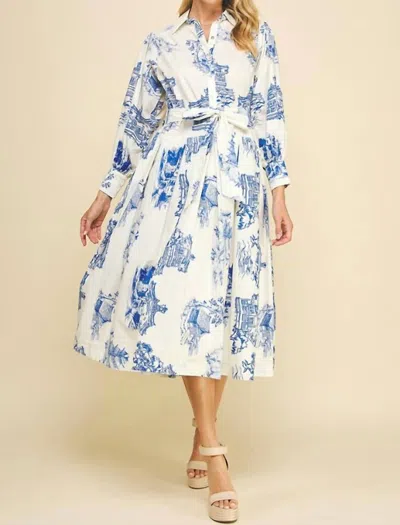 Pinch Toile Belted Maxi Dress In Ivory/blue