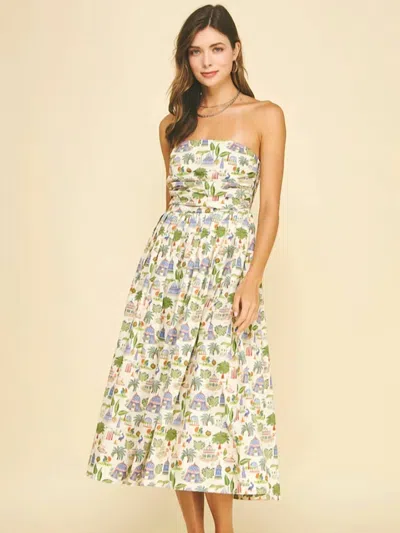 Pinch Tropical Scenic Print Strapless Midi Dress In Beige In Multi