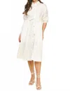 Pinch Tucked Sleeve Button Down Midi Dress In White In White