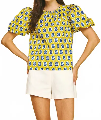 Pinch Short Sleeve Flower Print Detail Blouse In Yellow In Multi