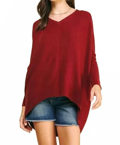 Pinch V-neck Dolman Sleeves Sweater In Wine In Red