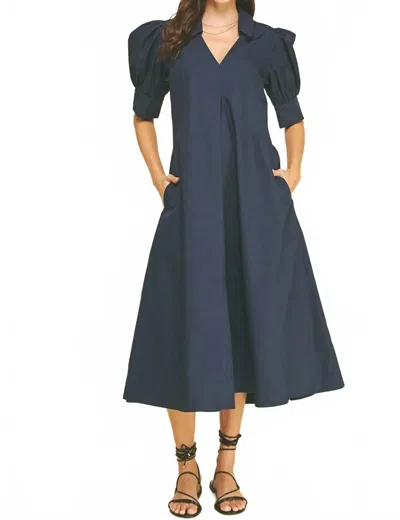 Pinch V-neck Pleated A-line Dress In Deep Navy In Blue