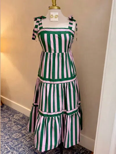 Pinch Women's Striped Tiered Maxi Dress In Green/ Pink In Multi
