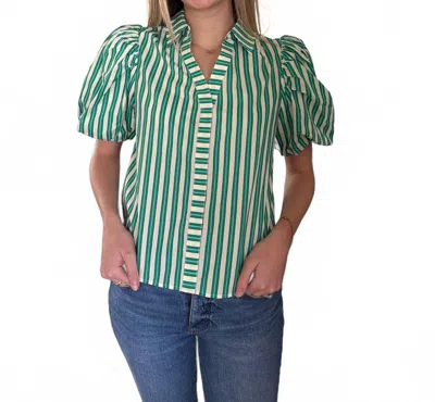 Pinch Zelda Green And Blue Stripe Puff Sleeve Top