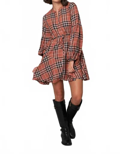 Pine Apparel Balloon Sleeve Plaid Henley Dress In Brown
