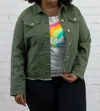 Pine Apparel Curvy Frayed Denim Jacket In Olive In Green
