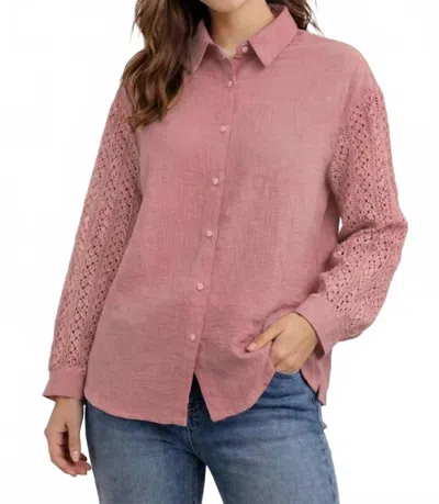 Pine Apparel Gauze Button Front Crochet Sleeve Top In Dusty Pink In Purple