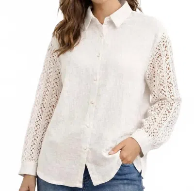 Pine Apparel Gauze Button Front Crochet Sleeve Top In White
