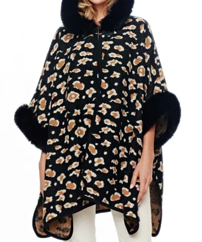 Pine Apparel Leopard Faux Fur Hoodie Cape In Black In Multi