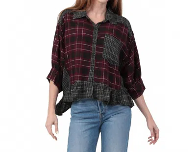 Pine Apparel Plaid Mixed Media Ruffle Hem Top In Multi