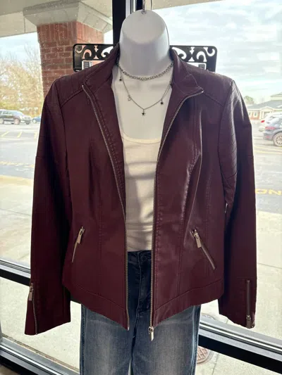 Pine Apparel Women's Pleather Moto Jacket In Burgundy In White