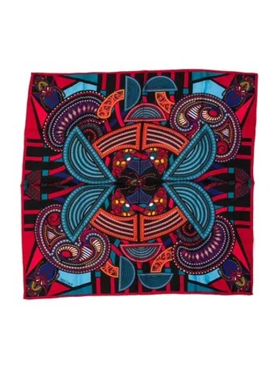 Pre-owned Pineda Covalin Silk Printed Scarf In Red