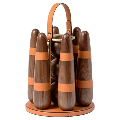 Pre-owned Pinetti 21st Century Bowling Game Set In Walnut Wood And Leather Handmade In Italy In Brown