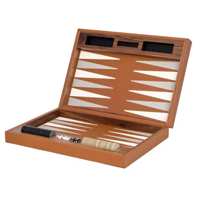 Pre-owned Pinetti 21st Century Camel Leather And Walnut Wood Backgammon Set Handcrafted In Italy In Brown