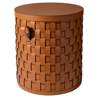 Pre-owned Pinetti 21st Century Demetra Round Laundry Basket Handwoven With Leather In Italy In Brown