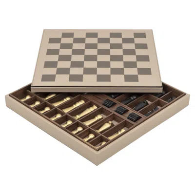 Pre-owned Pinetti 21st Century Italian Leather Chess Board With Brass Pieces Handcrafted In Italy In Brown