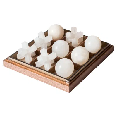 Pre-owned Pinetti 21st Century Italian Tic Tac Toe In Walnut And Leather With Alabaster Pieces In Brown