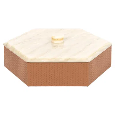 Pre-owned Pinetti 21st Century Kelly Decorative Hexagonal Box In Leather Handcrafed In Italy In Brown