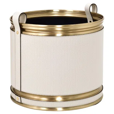 Pre-owned Pinetti 21st Century Leather & Satin Brass Cachepot Handcrafed In Italy In Sand