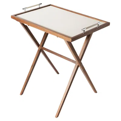 Pre-owned Pinetti 21st Century Leather & Walnut Wood Dedalo Folding Table Handcrafed In Italy In Brown