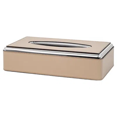 Pre-owned Pinetti 21st Century Leather Rectangular Tissue Box With Chrome Profile Made In Italy In Sand