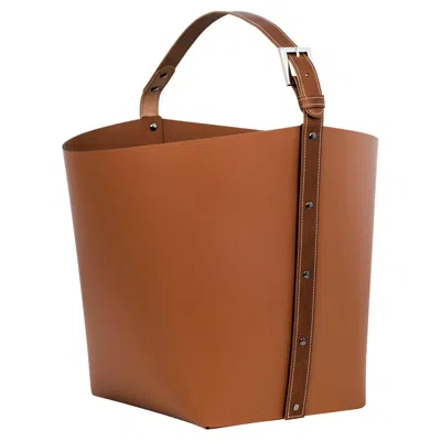 Pre-owned Pinetti 21st Century Ovo Wood & Magazine Leather Basket With Handle Handmade In Italy In Brown