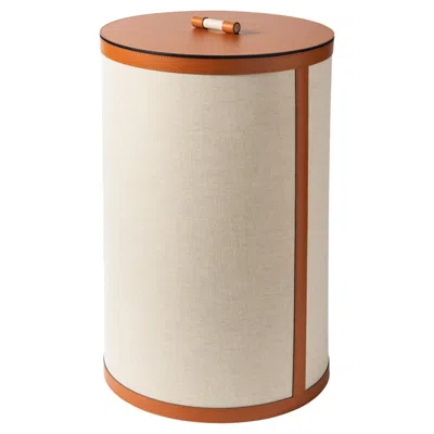 Pre-owned Pinetti 21st Century Penelope Round Laundry Basket With Leather & Canvas Cotton In Sand