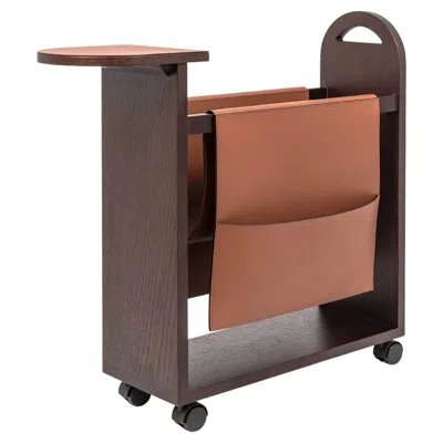 Pre-owned Pinetti 21st Century Tata Italian Magazine Holder In Wood & Leather In Brown
