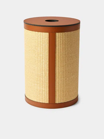 Pinetti Aurora Leather And Straw Lidded Wastepaper Basket In Multi