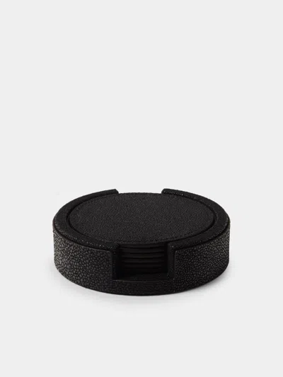 Pinetti Leather Round Coasters (set Of 6) In Black