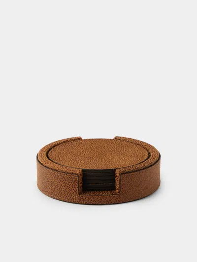 Pinetti Leather Round Coasters (set Of 6) In Brown