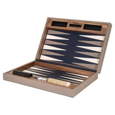 Pre-owned Pinetti Taupe & Navy Blue Leather And Walnut Wood Backgammon Set Handcrafted In, Italy