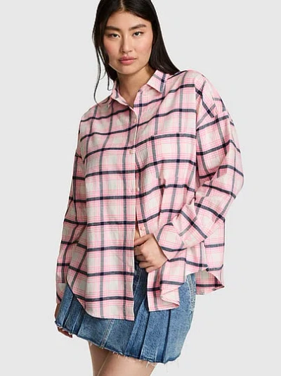 Pink 100% Cotton Favorite Flannel Button-down Sleepshirt In Multi