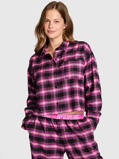 Pink 100% Cotton Favorite Flannel Cropped Button-down Sleepshirt In Multi